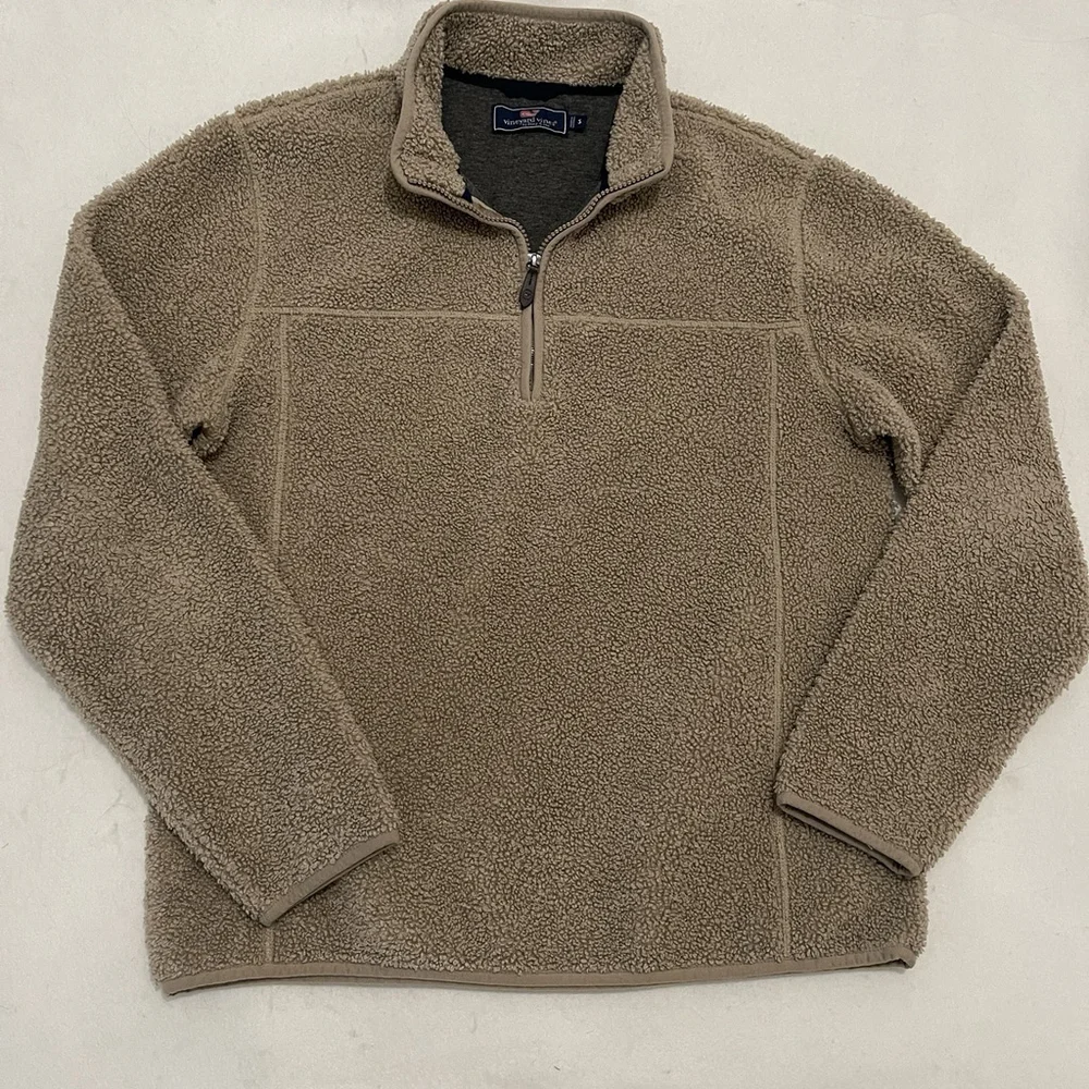 Vineyard Vines Nantucket Sherpa Fleece 1/4 Zip Sweater Men Khaki Pullover -Small